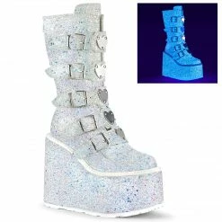 DEMONIA Swing-230G White Multi Glitter Heart Plates Festival Club Platform Boots