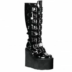 DEMONIA Swing-815 Patent Goth Cyber Metal Plates Buckles 5.5" Platform Boots