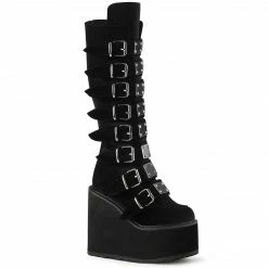 DEMONIA Swing-815 Black Velvet Goth Cyber Metal Plate Buckle 5.5" Platform Boots