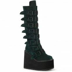 DEMONIA Swing-815 Emerald Velvet Goth Cyber Metal Plate Buckle Platform Boots