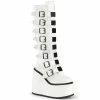 DEMONIA Swing-815 White Vegan Leather Cyber Metal Plates Buckles 5.5" Platform Knee Boots