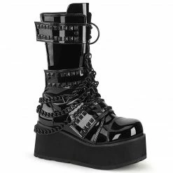 DEMONIA Trashville-138 Mens Black Patent Unisex Chain Studs Goth Boots Mens/Unisex