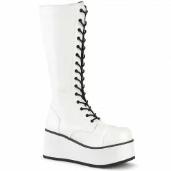 Mens/Unisex DEMONIA Trashville-502 Mens White Unisex Goth 17 Eyelet Platform Knee Boots