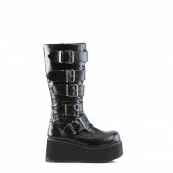 DEMONIA Trashville-518 Mens Black Vegan Leather Unisex Goth 5 Buckle Knee Boots