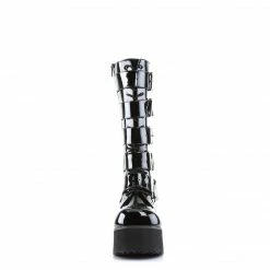 Mens/Unisex DEMONIA Trashville-518 Mens Black Patent Unisex Goth 5 Buckle Knee Boots
