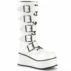 DEMONIA Trashville-518 Mens White Vegan Leather Unisex Goth 5 Buckle Knee Boots