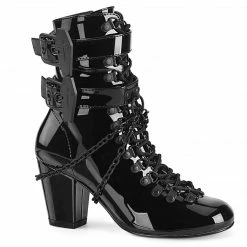 A Shoe Addiction DEMONIA VIVIKA-128 Black Patent Chains Coffin Goth Vampire 3" Boots