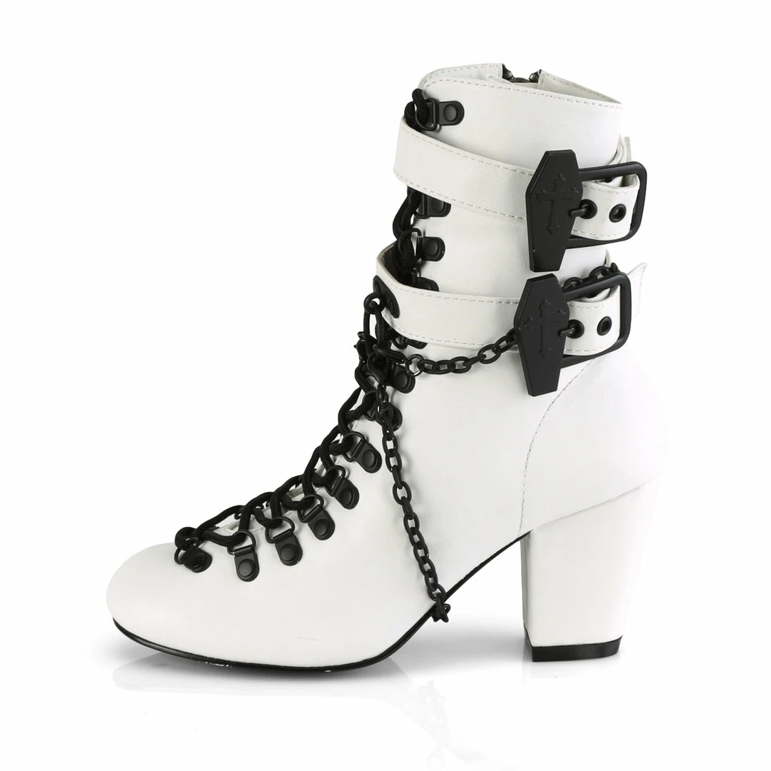 A Shoe Addiction DEMONIA VIVIKA-128 White Vegan Leather Chains Coffin Goth Vampire 3" Boots