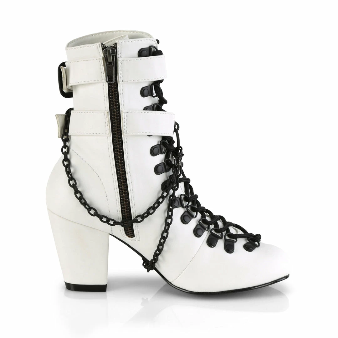 A Shoe Addiction DEMONIA VIVIKA-128 White Vegan Leather Chains Coffin Goth Vampire 3" Boots