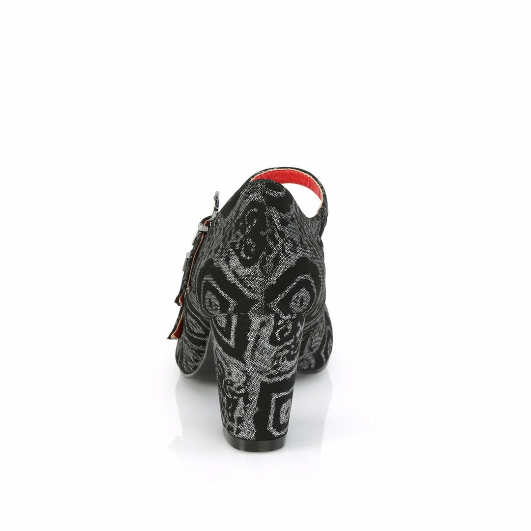 A Shoe Addiction DEMONIA Vivika-38 Black Silver Goth 3 Bat Buckles Maryjanes 3" Cuban Block Heels