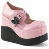 DEMONIA Void-38 Pink Patent Heart Spiderweb Goth Mary Jane Wedge Platform