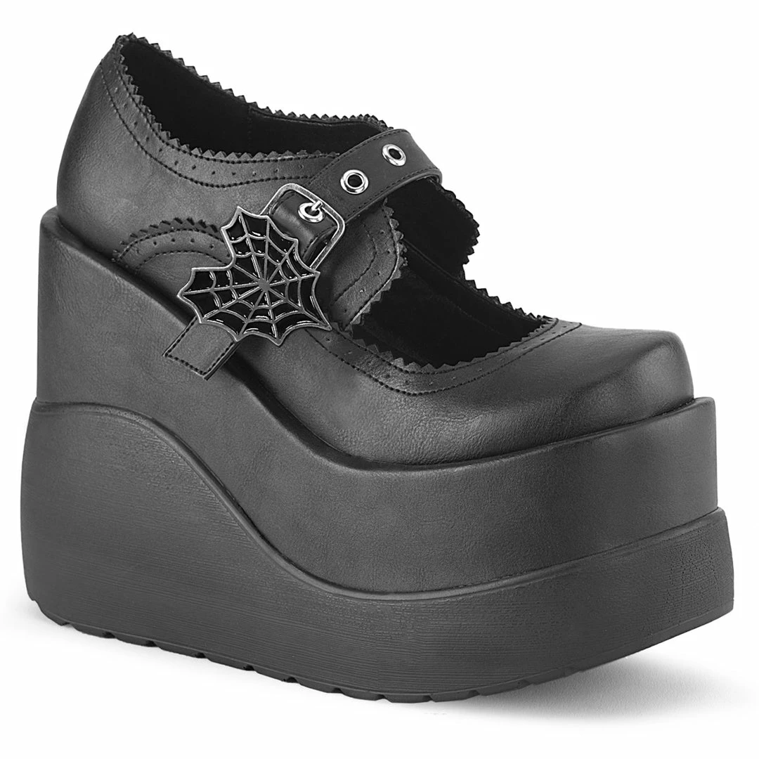 DEMONIA Void-38 Black Vegan Leather Heart Spiderweb Goth Mary Jane Wedges Heels