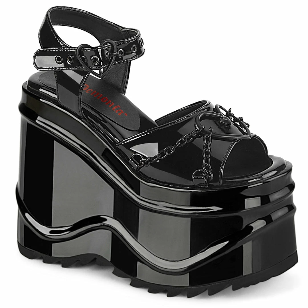 DEMONIA WAVE-09 Black Patent Goth Heart Buckle Chains 6" Platform Sandals Shoes Heels