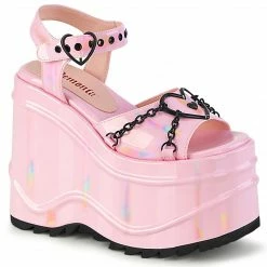 DEMONIA WAVE-09 Pink Goth Heart Buckle Chains 6" Wedge Platform Sandals Shoes Heels