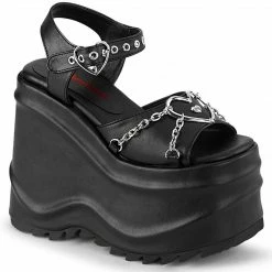 Heels DEMONIA WAVE-09 Black Faux Leather Goth Heart Buckle Chains 6" Platform Sandals Shoes