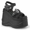 DEMONIA WAVE-13 Black Faux Leather Bat Buckle 6" Platform Sandals Shoes