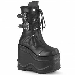 DEMONIA WAVE-150 Black Vegan Leather Bat Wing Buckles Goth Platform Boots
