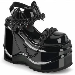 DEMONIA WAVE-20 Black Patent Goth Bat Shaped Moon Chains Wedge Platforms Heels