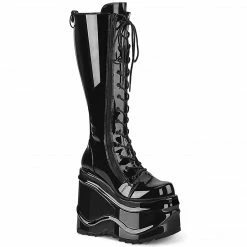 DEMONIA WAVE-200 Black Patent Zipper Detail Goth Platform Knee Boots