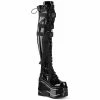 DEMONIA WAVE-315 Black Patent Hanging Strap Goth Platform Thigh Boots