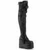 DEMONIA WAVE-315 Black Vegan Leather Hanging Strap Goth Platform Thigh Boots