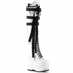 DEMONIA WAVE-315 White Patent Hanging Strap Goth Platform Thigh Boots