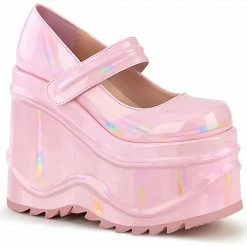 DEMONIA WAVE-32 Pink Hologram Goth Mary Jane 6" Wedge Platform Shoes Heels