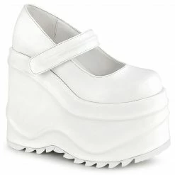 DEMONIA WAVE-32 White Goth Mary Jane 6" Wedge Platform Shoes